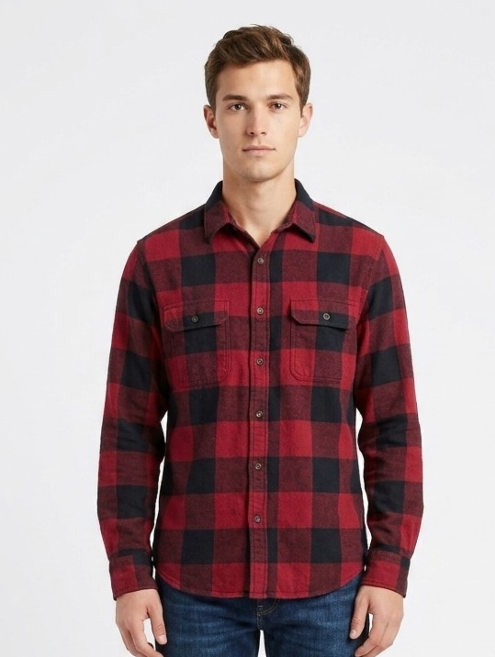 J Crew Mens XL Heavyweight Flannel Shirt Red Black Buffalo Plaid Cotton Button
